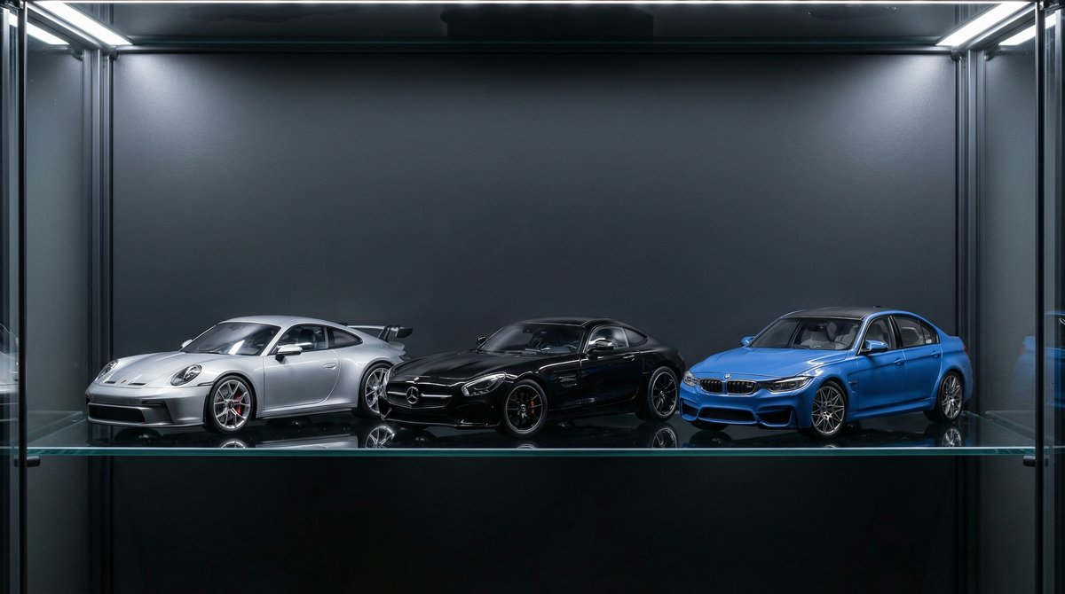 1:18 méretarányú Porsche, Mercedes-Benz és BMW gyűjtői fémmodellek üvegvitrinben