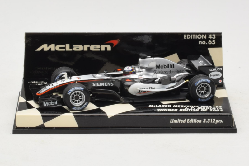 McLaren MP4-20 Mercedes #10 J.P. Montoya British GP Winner F1 2005 Minichamps 1:43 530054320 Fém